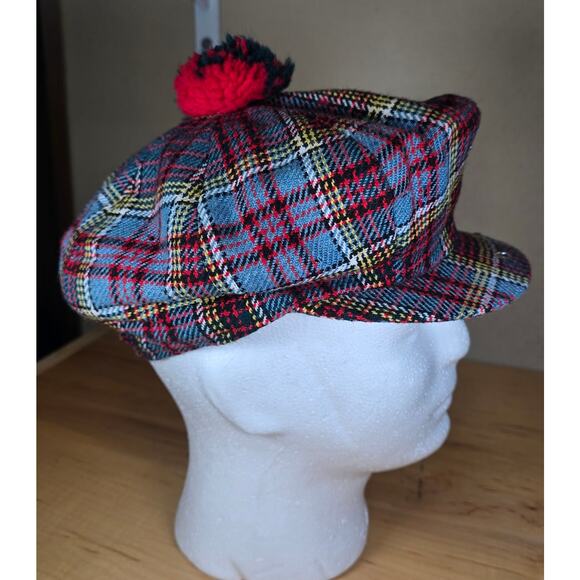 Vintage Tweed Newsboy Angus Young Highland Outfitters Cap 6 7/8 Plaid Snap Pom - Picture 3 of 8